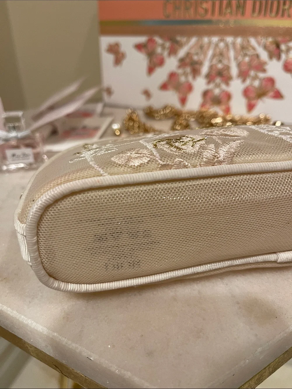 Dior Cream Embroidered Cosmetics Bag with Gold CD Charm and Floral Accents